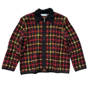 Chaus Merino Wool Blend Knit Plaid Sweater Jacket Black Red Yellow Size Large